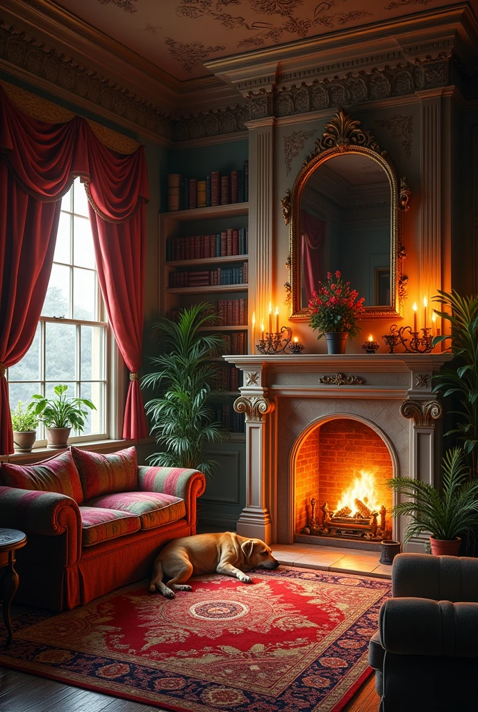 Victorian parlour, marble fireplace plants in pots, candles heavy drapes with pelmets book cases persian rugs velvet and brocade sofas and chairs dog lying by the fire colourful cushions front facing