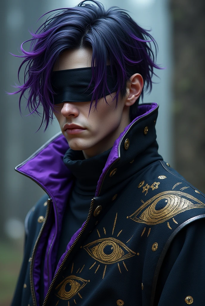 A male wizard with black hair and purple highlights with a blindfold covering his left eye only the left one. On his clothes there are drawing details with eyes. 