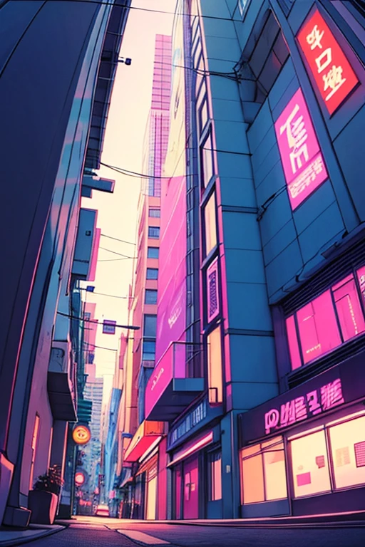 Town, Retro, 80s anime style, pop, View from below, Modern City,Open, pink, cool, electric wire, Street Style, Nostalgic atmosphere, 廃れたTown