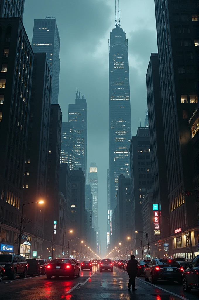 a city at night with buildings and cars, in a darker theme, a darker image