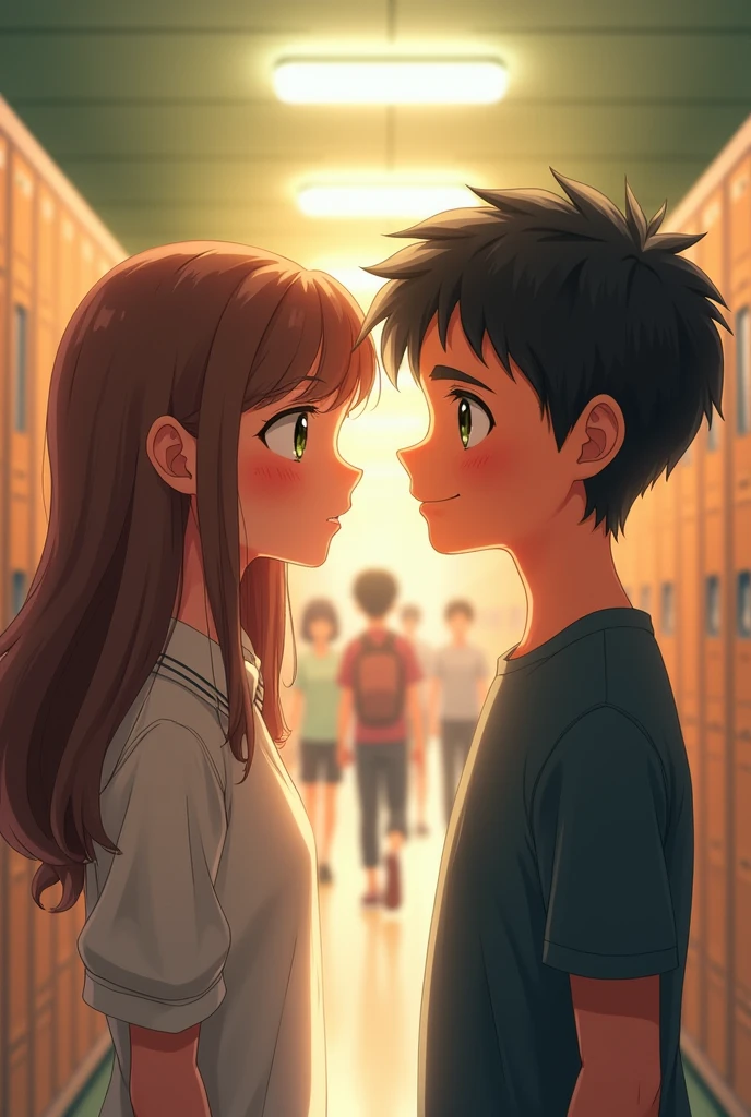 create a girl with light brown hair down to her elbows, green eyes and a mole under her eye being looked at by a tanned boy with black hair, short and black eyes.  He smiles and she is embarrassed. In the background there is the school corridor. 