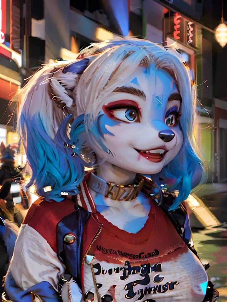 A beautiful and detailed (cute portrait) wa ((krystal)), Star Fox krystal, sslim, lovable, green eyes, medium breasts, (((Long blue hair 1.3))), Decollete, anthro, furry, Uploaded E621, detailed fluffy fur, (wa Fluff-Kevlar, Bayard Wu, Pino Daeni), detailed face, (fluffy), 1 girl, alone, sweet girl, hole body, ((( torn t-shirt))), hotpants, leather jacket,