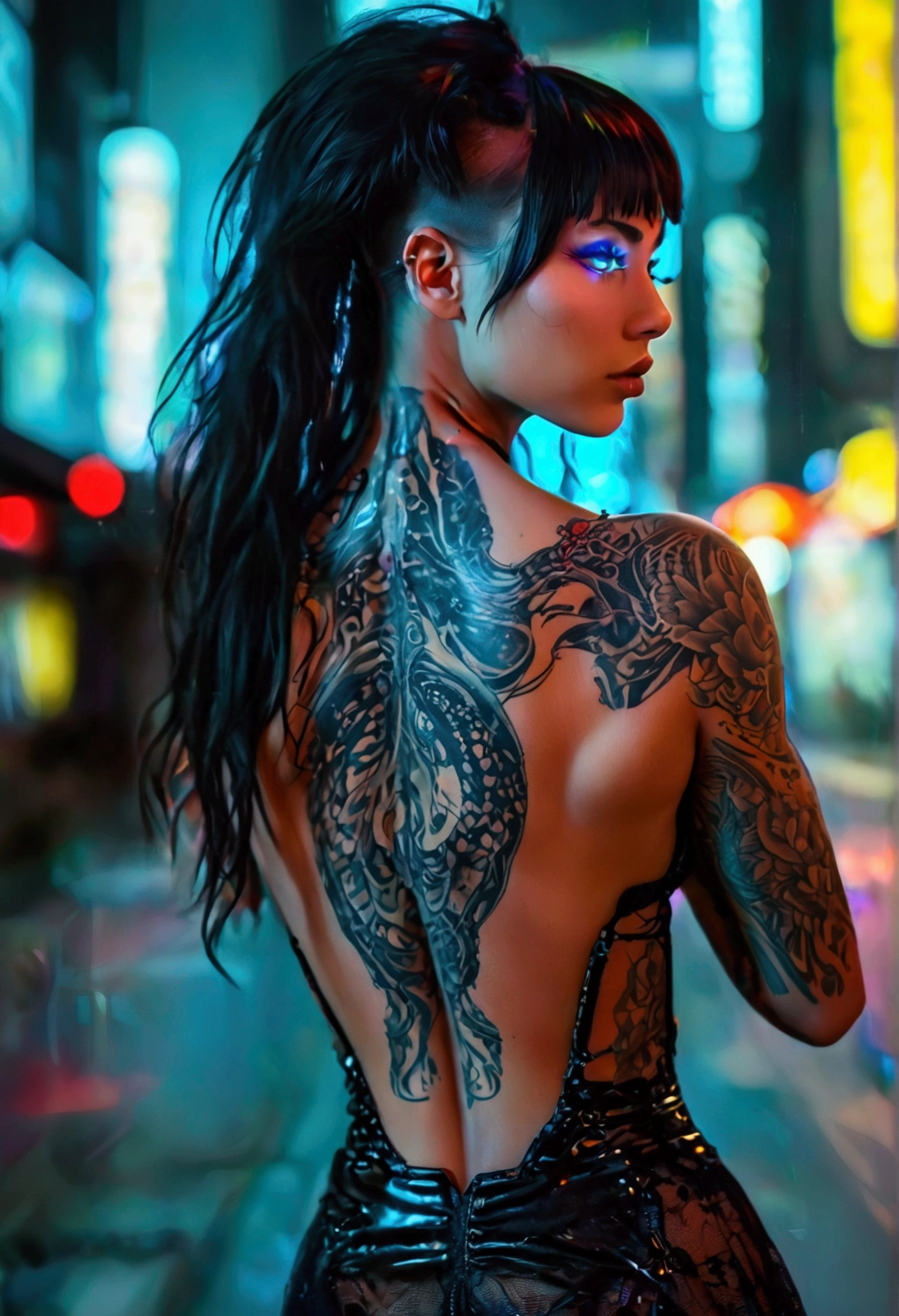 Back woman, com corpo fitness, bare back,  short bikini, two katanas in hands, dragon back tattoo, short-hair, cyberpunk scenario, big-ass, muslos grandes