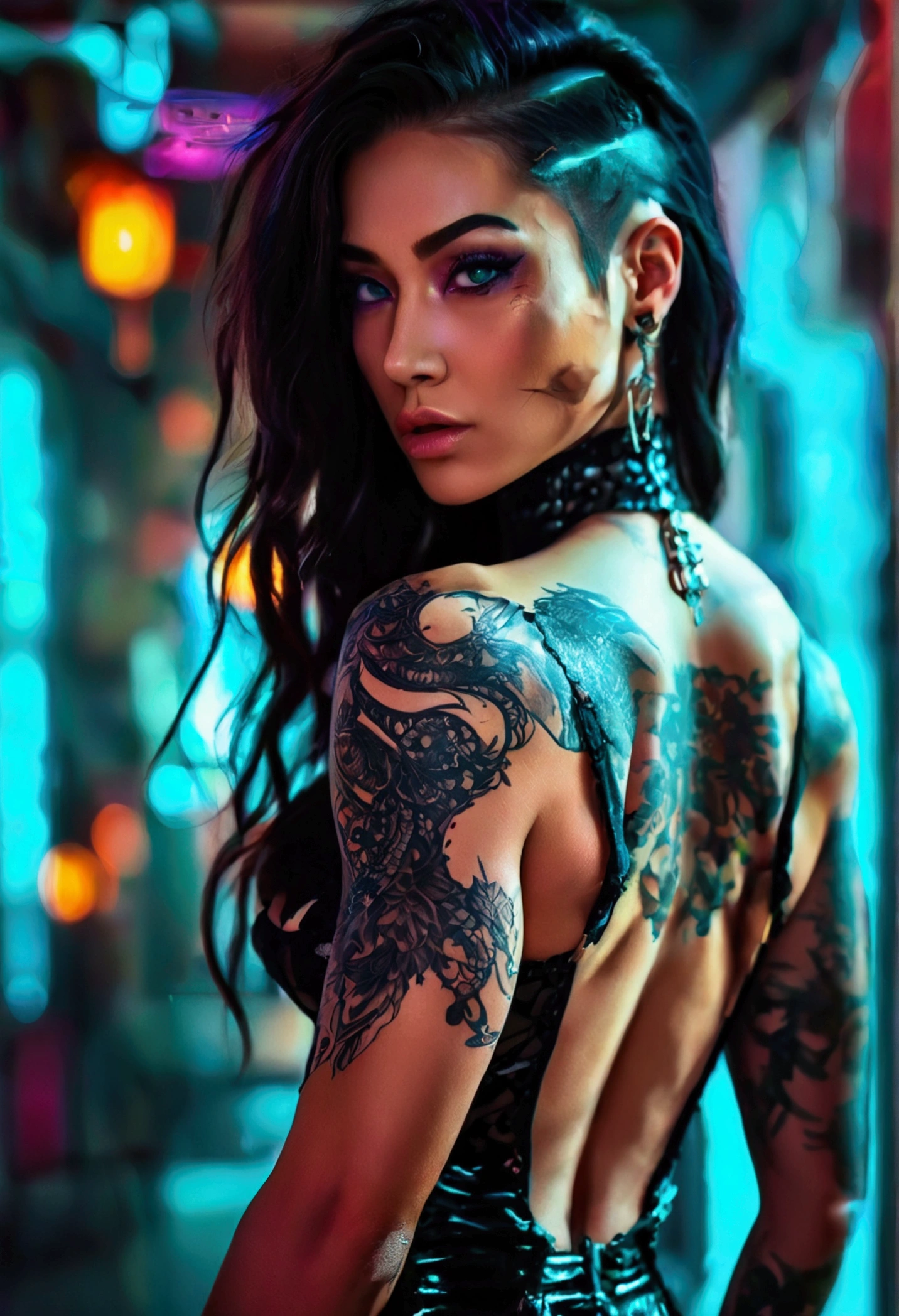 Create a hyper detailed photograph of ablack ink, tattoo muscular young sexy kaiju , Stunningly perfect gorgeous face, perfect makeup, detailed vibrant neon sapphire eyes, long hair, big beautiful muscular legs, big beautiful muscular arms, big back muscles, perfect Voluptuous body figure, muscular abs, detailed smooth skin, (gigantic huge breasts), big muscular ass, black lace dress, detailed realistic cyberpunk futuristic vehicle,