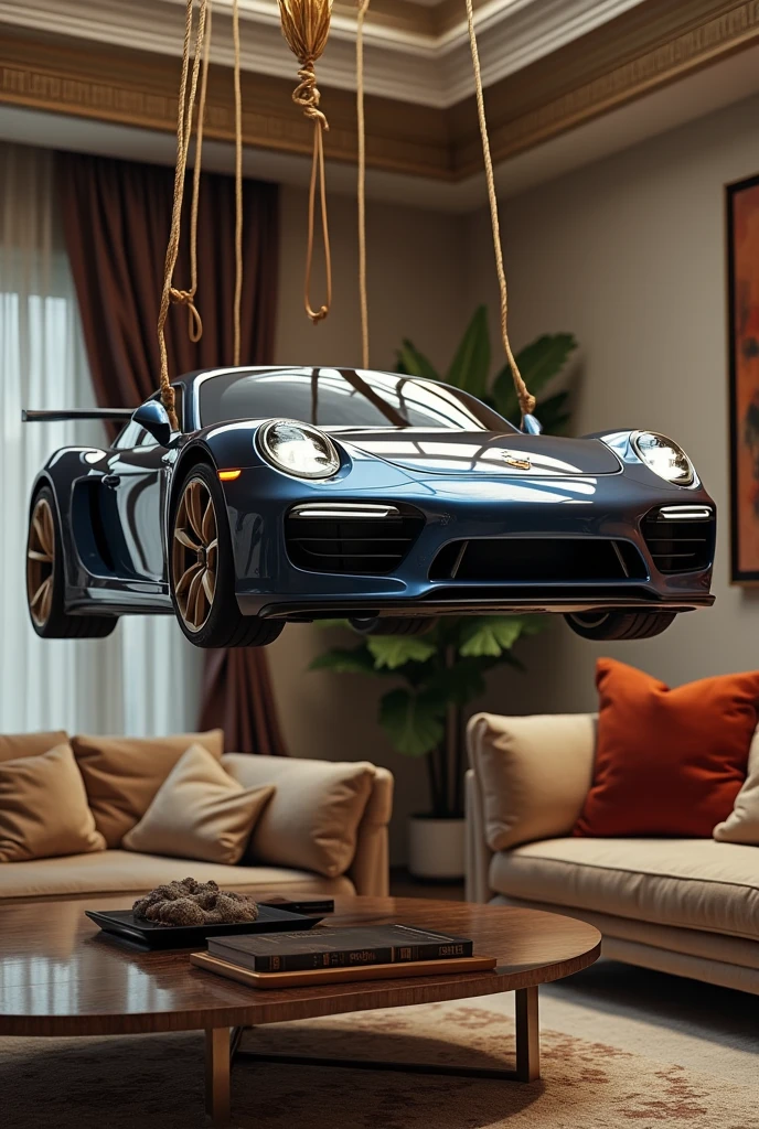 A Porsche hangs in the living room with ropes From the front