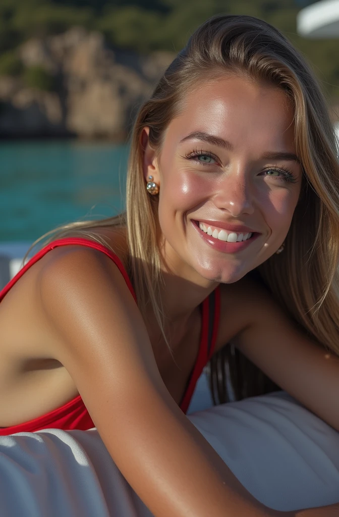 femme sur un yatch , en bikini rouge , souriante , cheveux lisses , ciel bleu , ocean turquoise