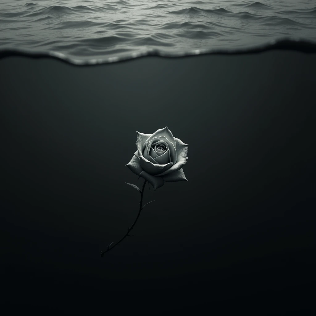 a withering rosebud sinking into the ocean, top down, close up, black and white