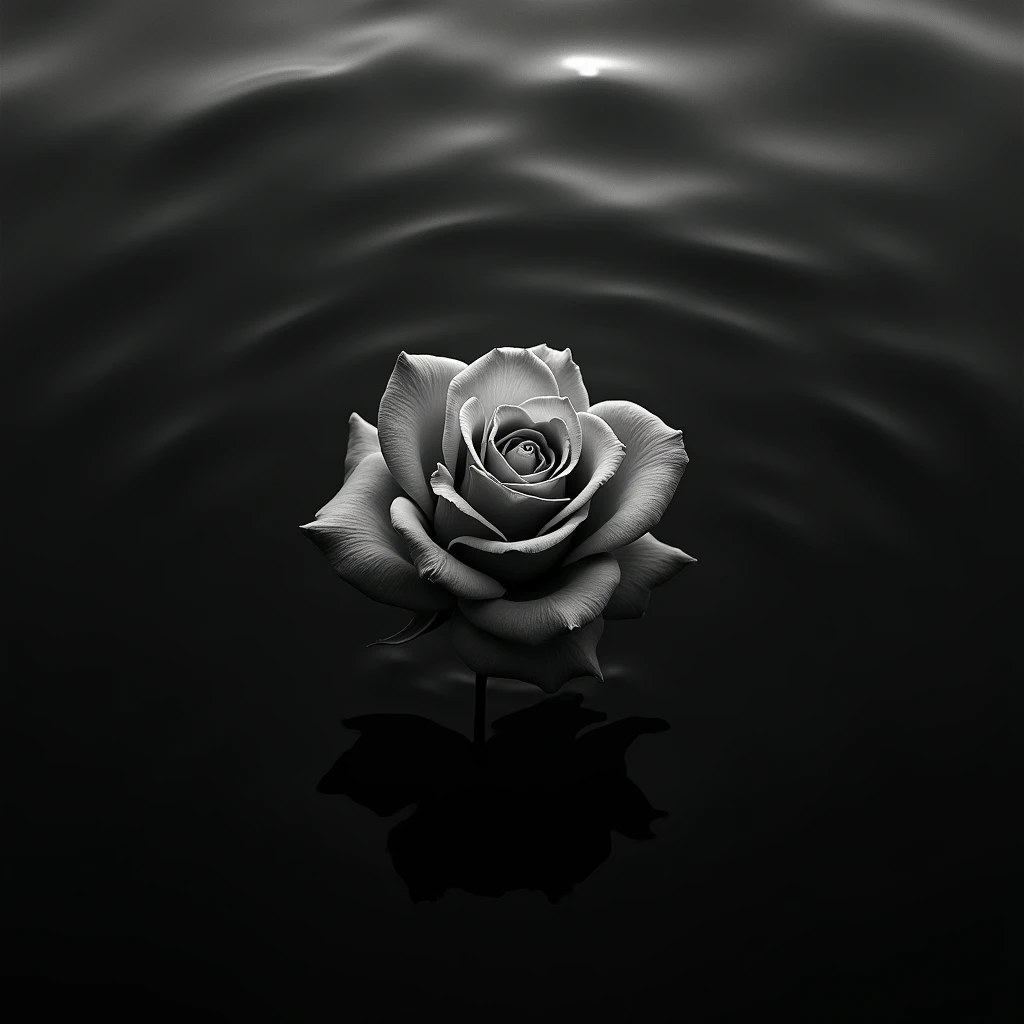 a withering rosebud sinking into the ocean, top down, close up, black and white