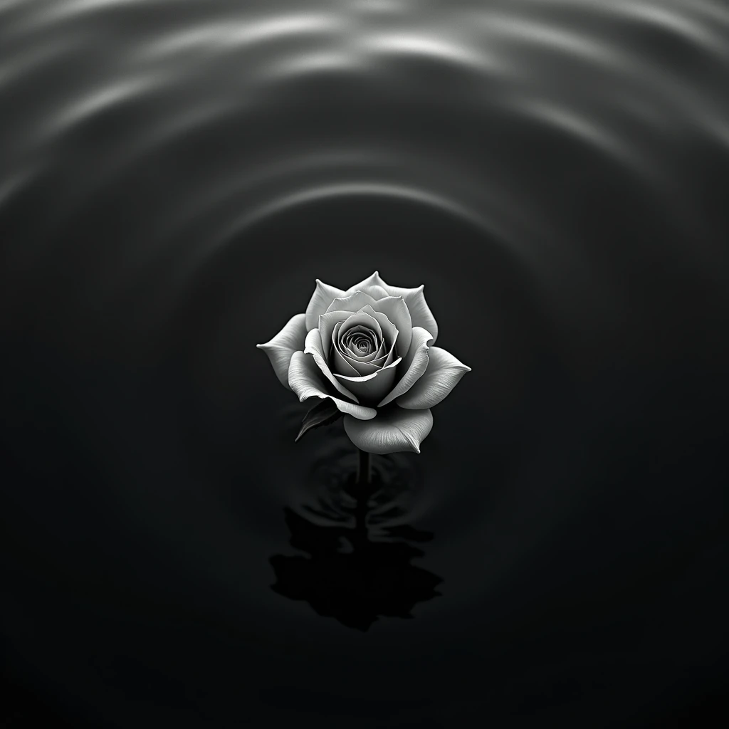 a withering rosebud sinking into the ocean, top down, close up, black and white