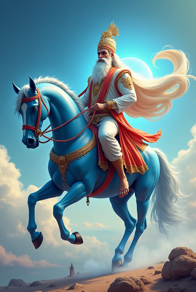 in 3d, a man god goga ji maharaj are on his blue horse