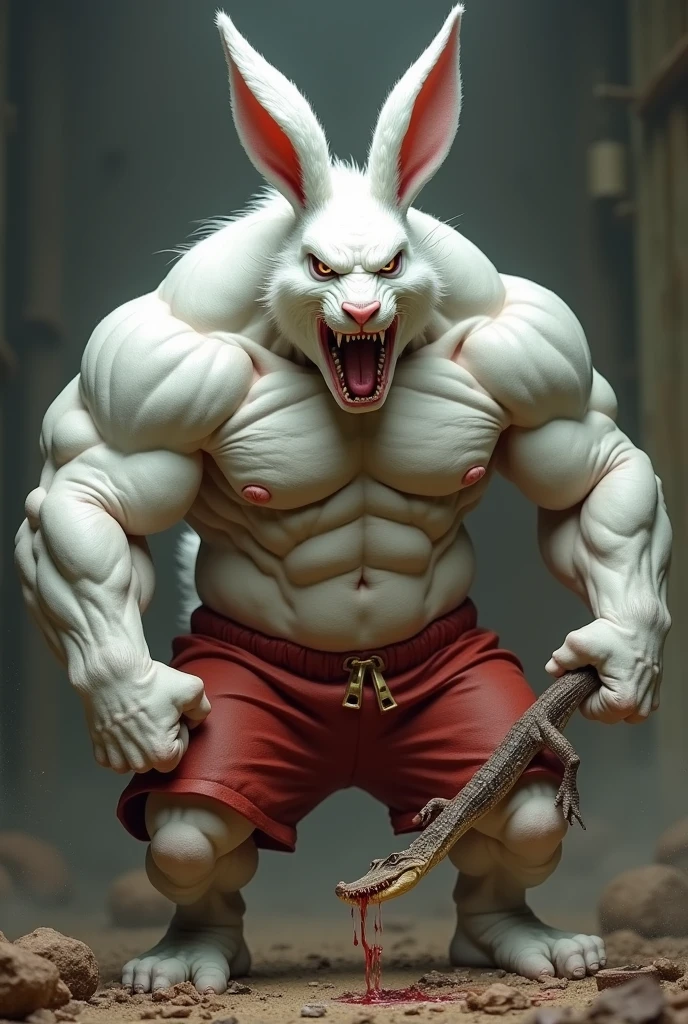 White rabbit muscular strong muscular angry wearing red shorts eating alligator meat scared