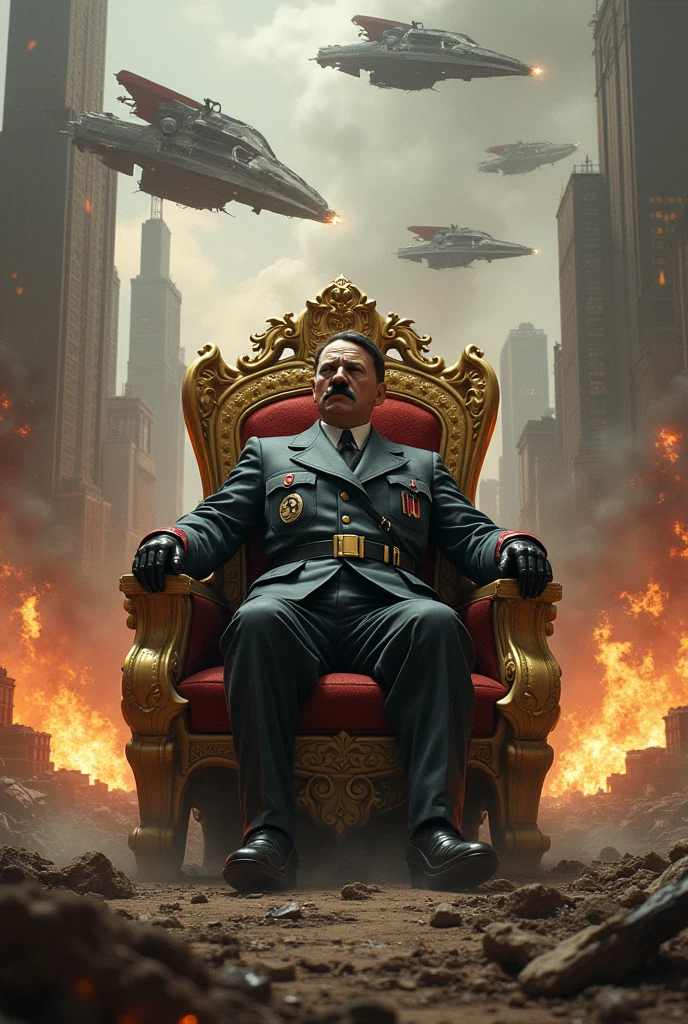 Powerful Hitler in futuristic armor sitting on a golden throne in the middle of a burning city, being destroyed by futuristic ships of the Nazi faction
