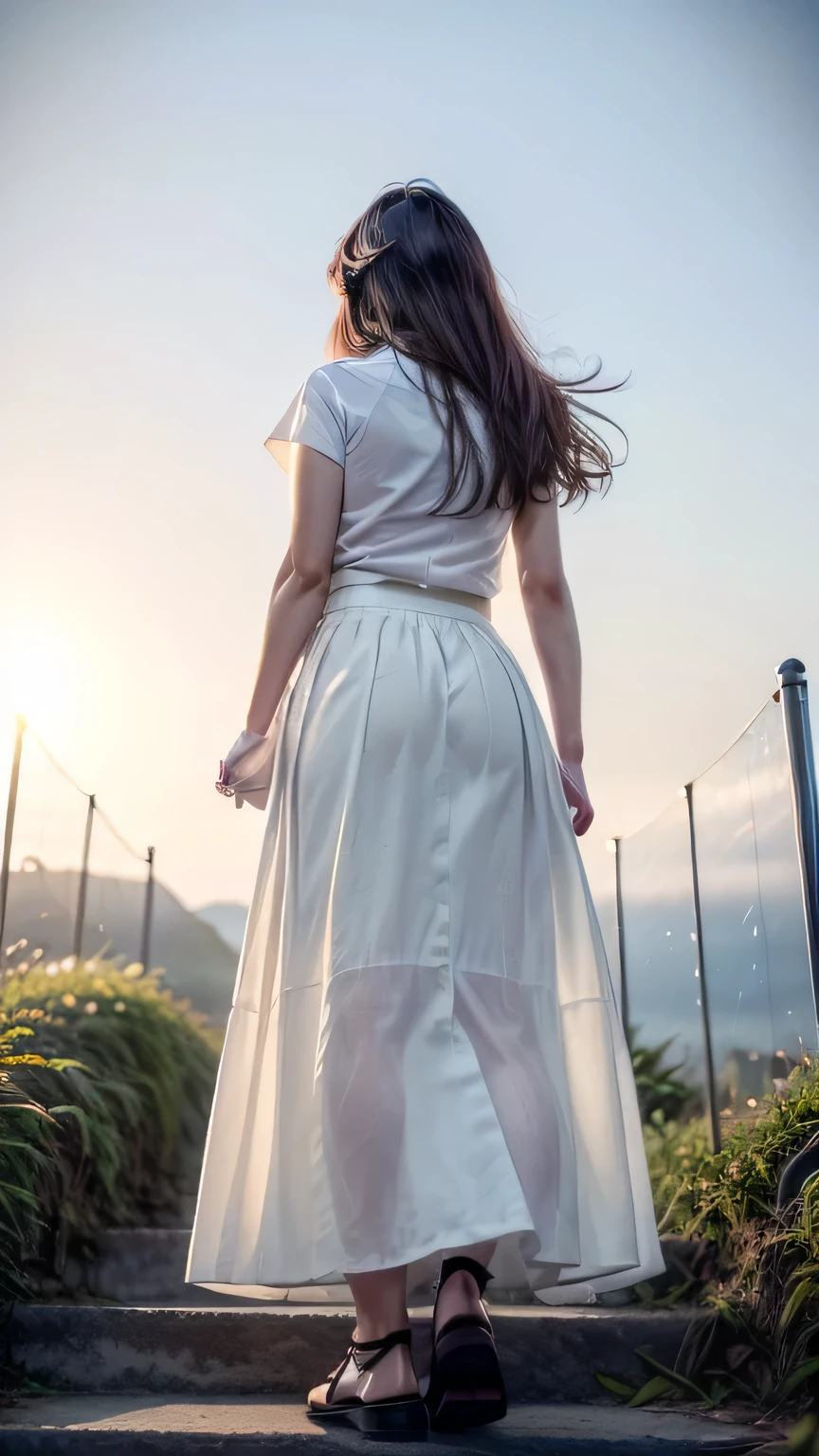 (Climbing the stairs:1.2、Carry a backpack、Stick your butt out)、((White blouse、(Wearing a long skirt:1.3))、(Rear View、View from directly below)、(Realistic、Like a photograph、Live Action、8k, Realistic, RAW Photos, Best image quality: 1.4), Single-lens reflex camera、RAW Photos, Highest quality, Realistic, Highly detailed CG Unity 8k wallpaper, Written boundary depth, Cinematic Light, Lens flare, Ray Tracing, Realistic background、((ultra high density skin))、 after school、(whole body:1.5)、Long Hair 1.2、Hair blowing in the wind:1.4)、I like that style、stylish、Very detailed、Pay attention to the details、Perfect outfit、(Sunburned skin)、Rear View、Accurate hands、Accurate legs、Detailed hands and fingers、Anatomically correct body、Thin legs、Thin thighs、Small breasts、Very detailedな顔