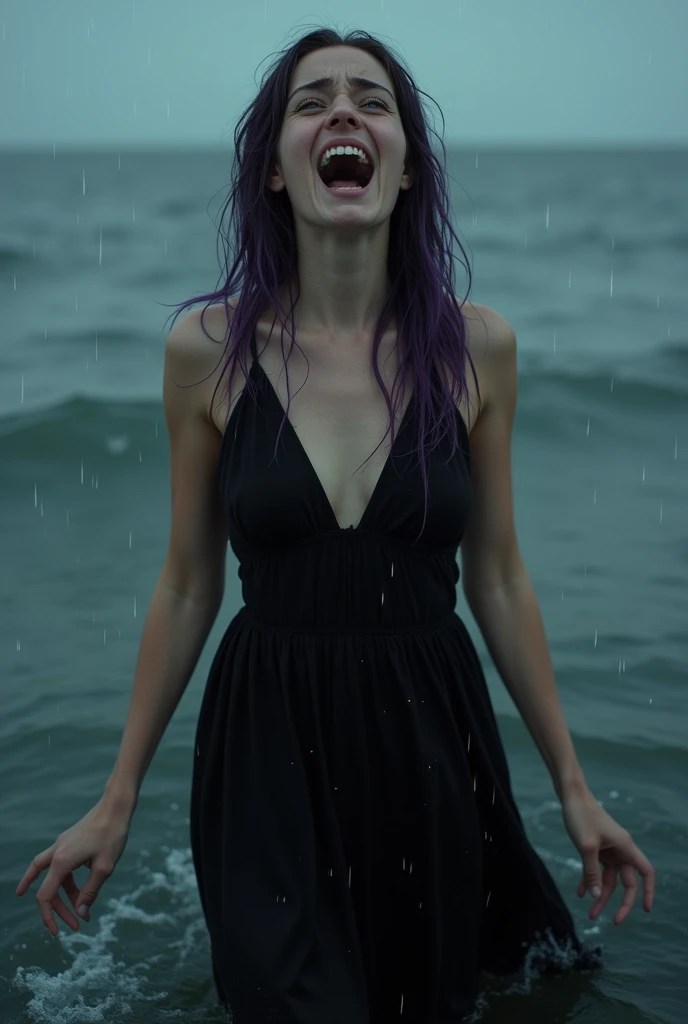 English woman 20 years old,skin fair,sparkling green eyes,dark purple hair,black greek dress goddess,coming out of the black sea,cinema image,品質,full body images,detailed,sobbing,make her with open arms,full body image,It's raining,black tears,your heart was broken,