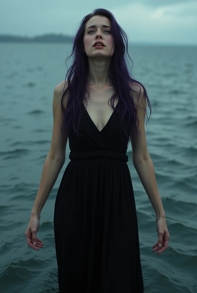 English woman 20 years old,skin fair,sparkling green eyes,dark purple hair,black greek dress goddess,coming out of the black sea,cinema image,品質,full body images,detailed,sobbing,make her with open arms,full body image,It&#39;s raining,black tears,your heart was broken,