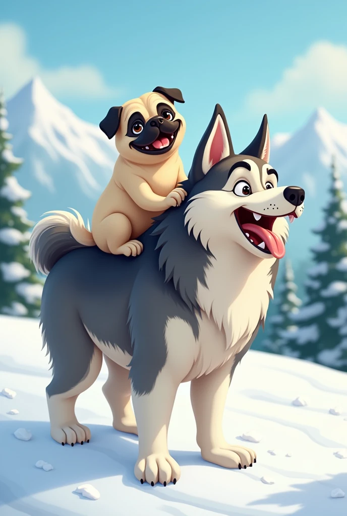 Pug riding big animated husky