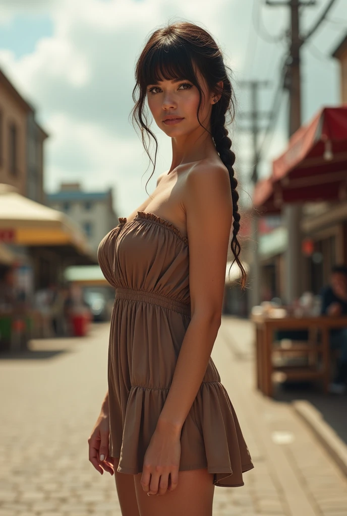 Full bodyno bra, perfect breasts. realistic body shot photo of a swedish brunette woman standing in front of the camera wearing a ((wide gathered waist mini dress)), bangs short braids hair. (Open legs pose:2.5), slim thighs, space between legs. It's cloudy and hot. glamour photoshoot, street, perfect slim figure, beautiful face, perfect anatomy, fit arms and shoulders, looking into the camera, (standing in front of the camera:1.2), (facing the camera:1.5), strong arms snd shoulders. (round hips:1.2), (skinny hips:1.3), 40 yo woman. (Eye makeup:1.1), (highly detailed skin:1.1), RAW, analog style, sharp focus, 8k UHD, DSLR, high quality, Fujifilm XT3, grain, award winning, masterpiece.