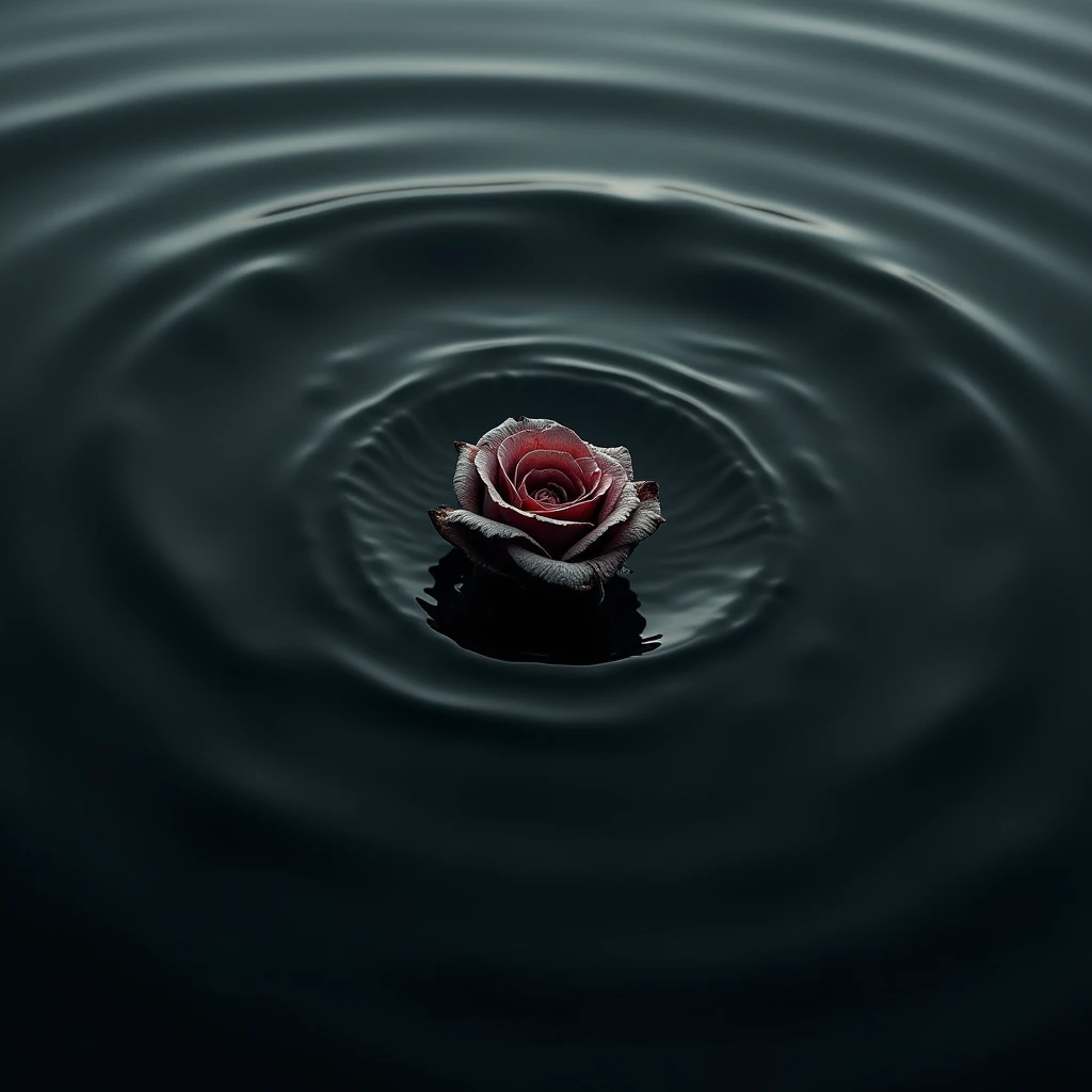 a burnt withering rosebud sinking into the ocean, top down, close up, black and white