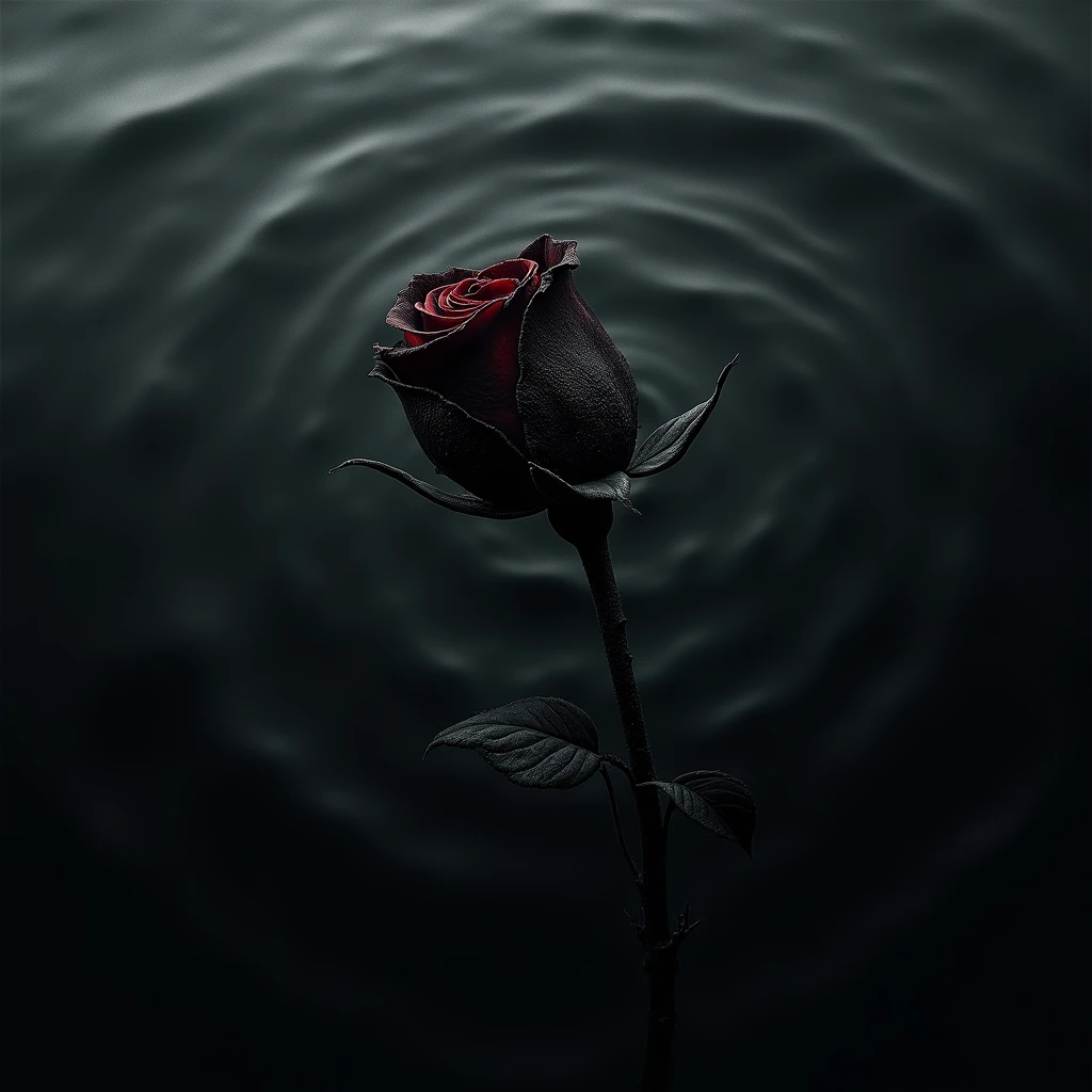 a burnt withering rosebud sinking into the ocean, top down, close up, black and white