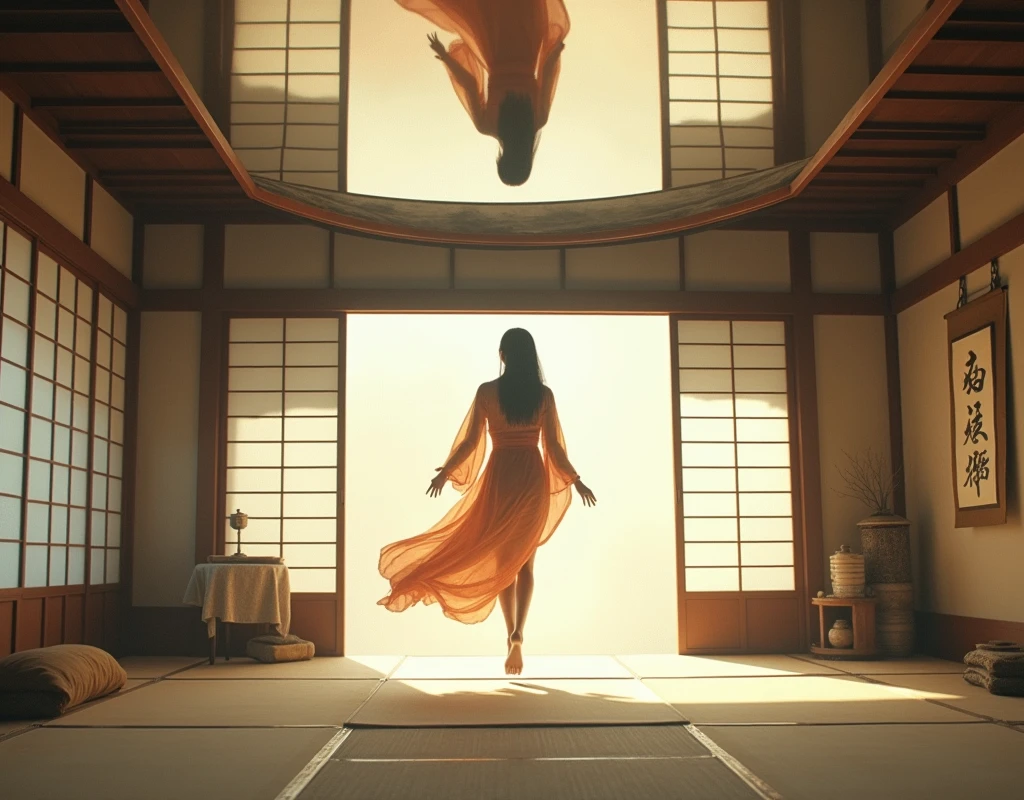 Femme qui marche sur le plafond à l'envers d'une pièce de style japonaise