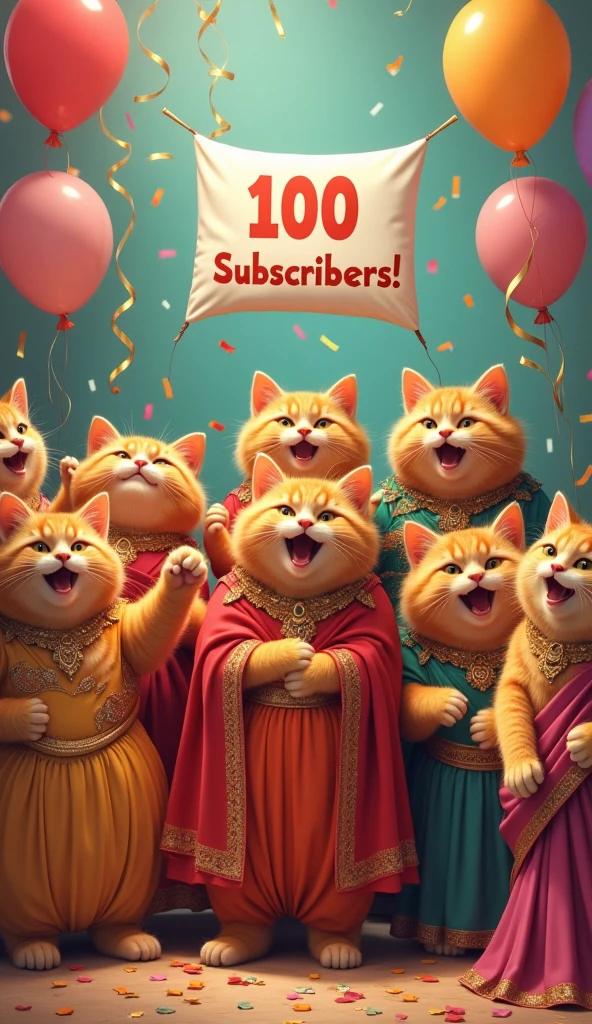 *
*Party Scene:**  
   "A lively party scene with ten extra-large, fat ginger cats wearing colorful dresses, some in evening gowns and others in sarees. They are surrounded by balloons, confetti, and a large '100 Subscribers!' banner, all with human-like expressions."

