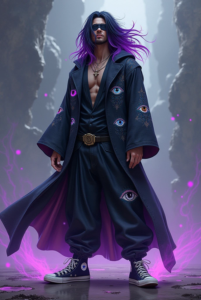 A male wizard with black hair and purple highlights with a blindfold covering his left eye only the left one. His clothes have drawing details with eyes. He is wearing ALL star sneakers. 
