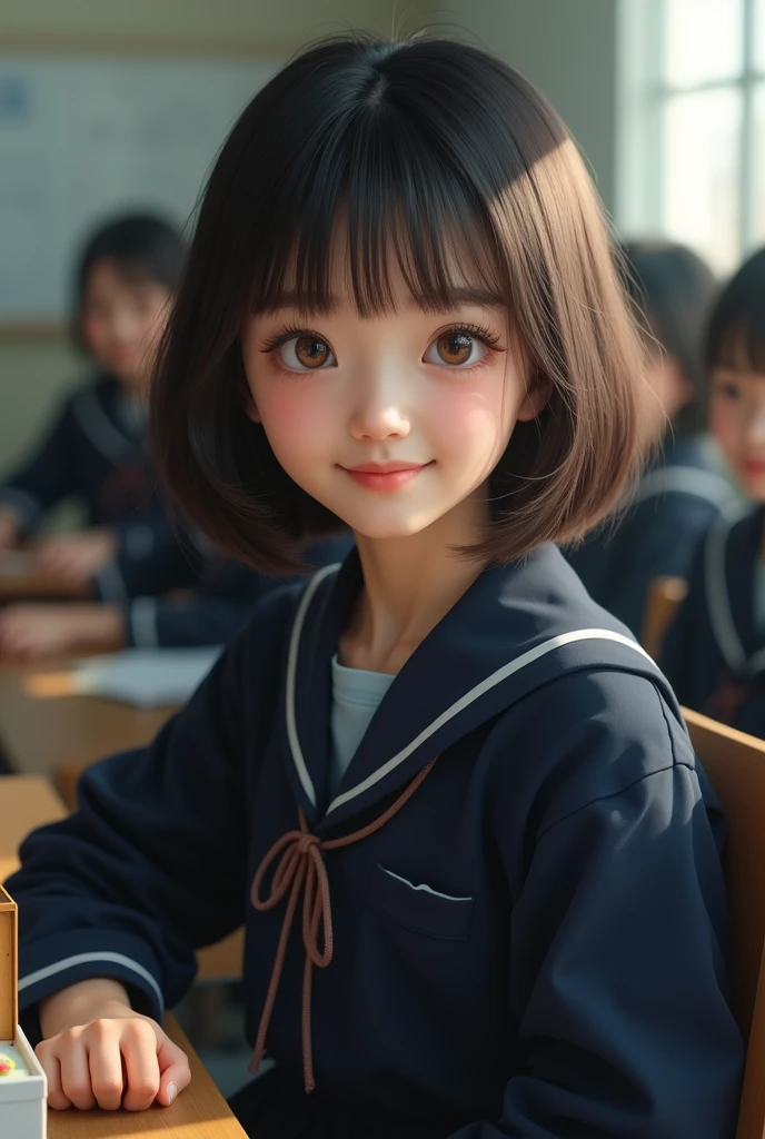 Highest quality, Face Focus, Soft Light, Ultra-high resolution, (Realistic:1.4), RAW Photos, 1 Japan, alone, cute, (A shy smile:0.5), (Brown eyes, Light in your eyes), Beautiful face in every detail, (Small box),(High resolution detail of human skin texture), (Short Bob Hair), break, In the classroom,Navy uniform, Best, skirt