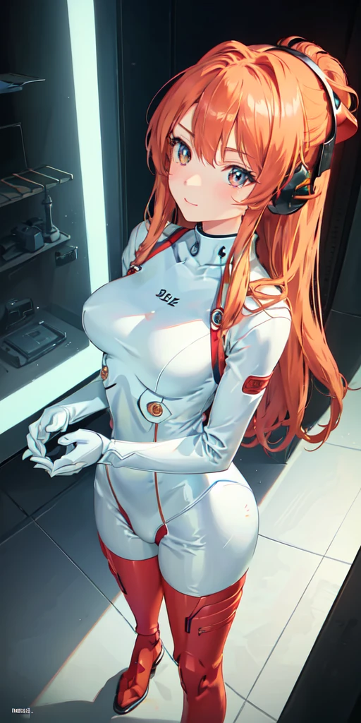 (Overhead view),dynamic angle,ultra-detailed, illustration, close-up, straight on, 1girl, 
 ((souryuu asuka langley, interface headset, red bodysuit:1.4, blonde)),Her eyes shone like dreamy stars,(glowing eyes:1.233),(beautiful and detailed eyes:1.1),(expressionless,closed mouth),(standing), 
(mechanic room with toolsand spaceship windowin a white SPACESHIP),
(night:1.2),dreamy, [[delicate fingers and hands:0.55]::0.85],(detail fingers),