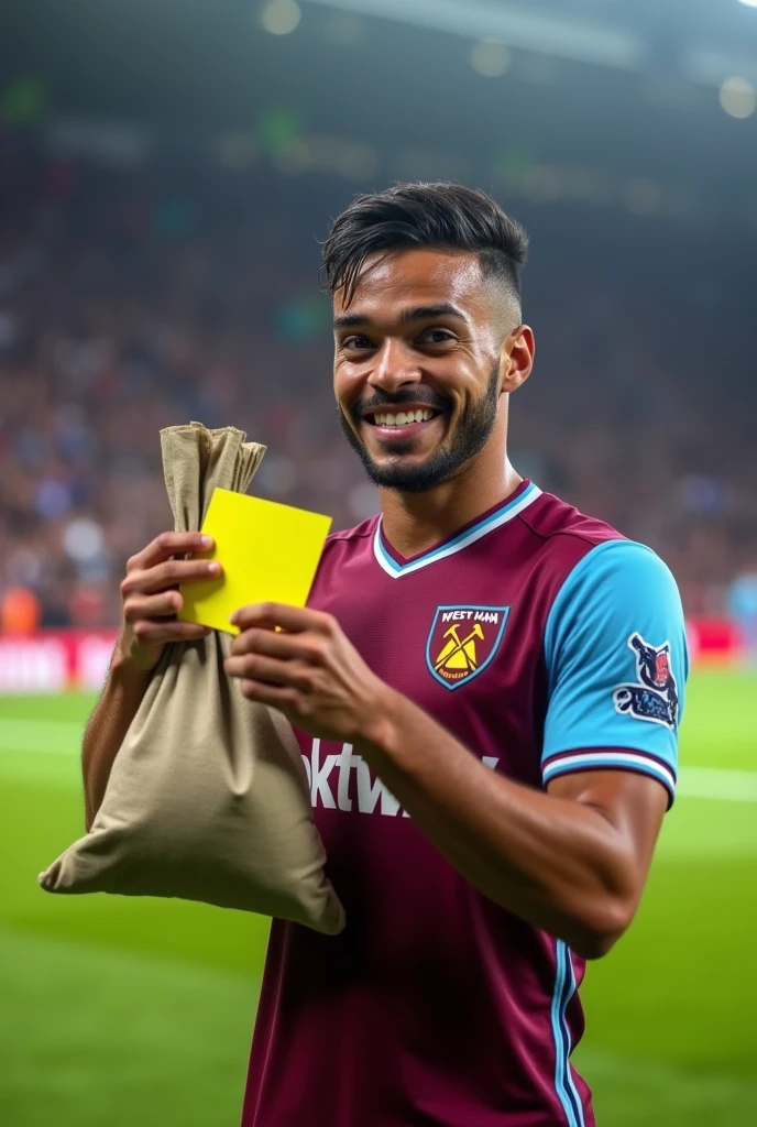 Lucas Paquetá wearing the West Ham kit inside the pitch holding a bag of money and in the other hand a yellow card with a happy expression, since he won a bet