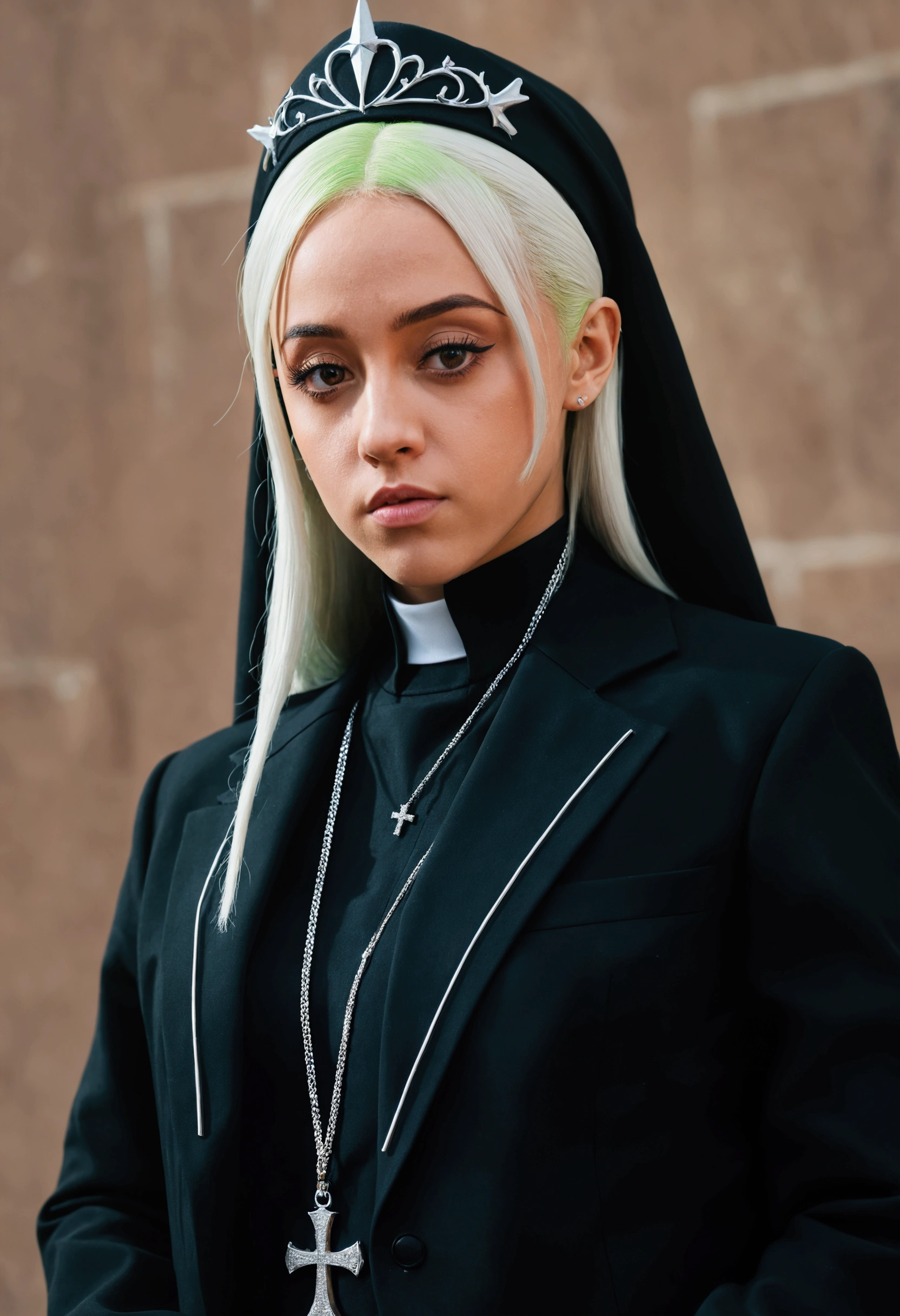 a close up of a person wearing a black shirt and a black jacket, look like malfoy, taken in 2 0 2 0, ariana grande as a sith, billie eilish from a sad nun, billie eilish from your nun, ariana grande in gta v, inspired by Master of St. Giles, wearing a noble black suit, wearing a crown and suit