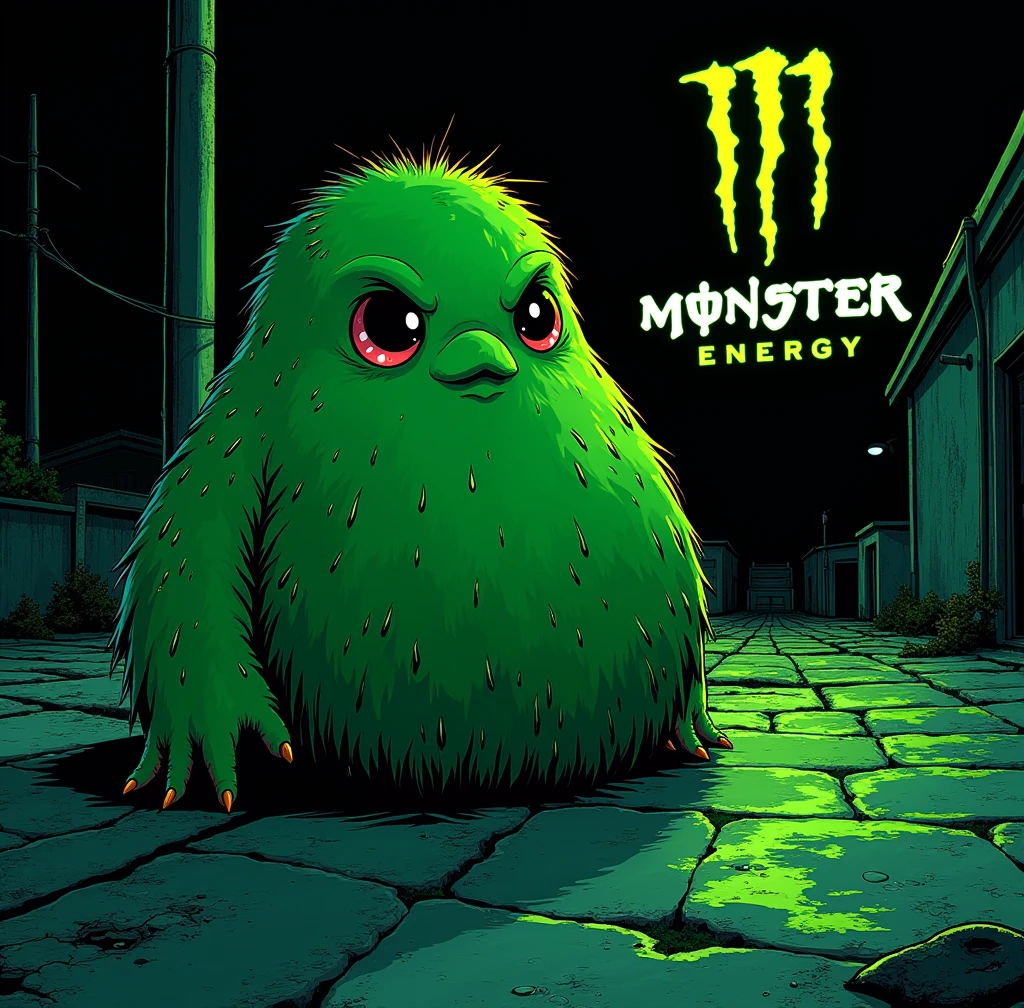 manga comic cartoon of a rounded fluorescent green-black color alien pet, add monster energy logo , and add the text ¨Rick D´Angle ¨ to the image , totaly night view photo with ultra open wide lens photo technic