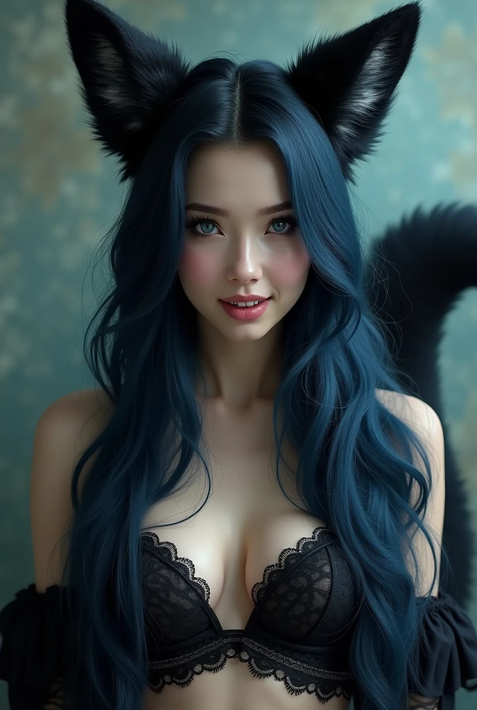 photo d'une jeune femme de 20 ans, European fair skin her long wavy blue black hair cascading over her shoulders with two black fox ears surrounding a sweet playful face with navy blue eyes full of mischief little fangs protruding from her lips smiling she wears sexy black lace clothing. several large black fox tails protrude from his back
