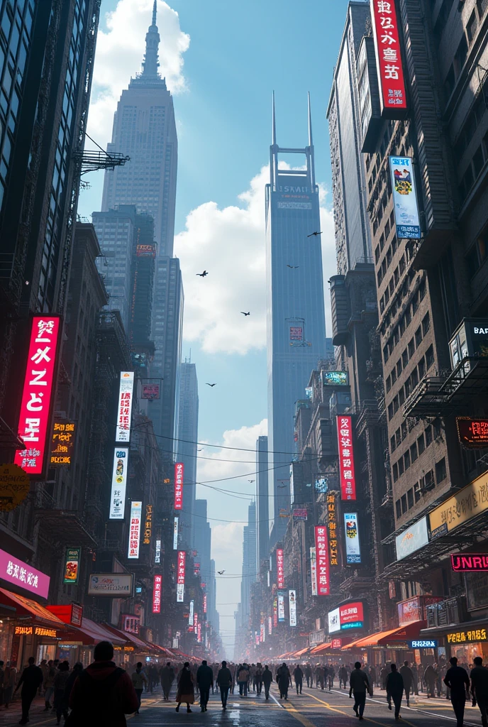 A city that mixes New York but with a retrofuturistic and cyberpunk aesthetic that highlights the diversity of the world
