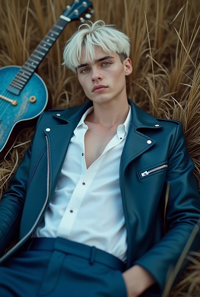one men, offwhite, com cabelos offwhites, sobrancelha e cílios offwhites, Athletic, Soft, stark.
your hair is messy, short with a fringe.
He has yellow eyes.
He has a beautiful face.
He's pale.
He is lying in a car, in an open field, next to a blue guitar.
view from above.
photo taken from far away.
He wears a white dress shirt, a blue leather jacket, a pair of dark blue leather pants.
semi realistic.