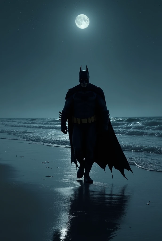 Batman walking on the beach in black clothes and sandals