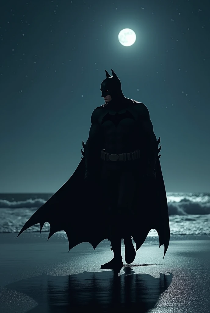 Batman walking on the beach in black clothes and sandals