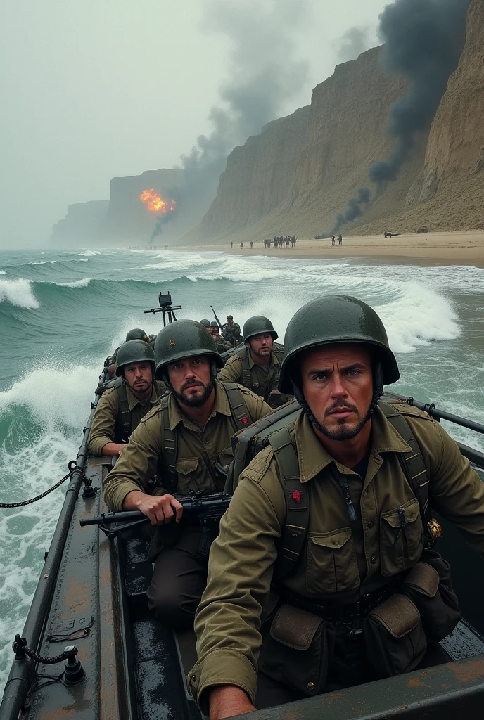create me a picture of D-Day - Omaha Beach 1944 in WWII, the soldiers on the boat arriving at the beach