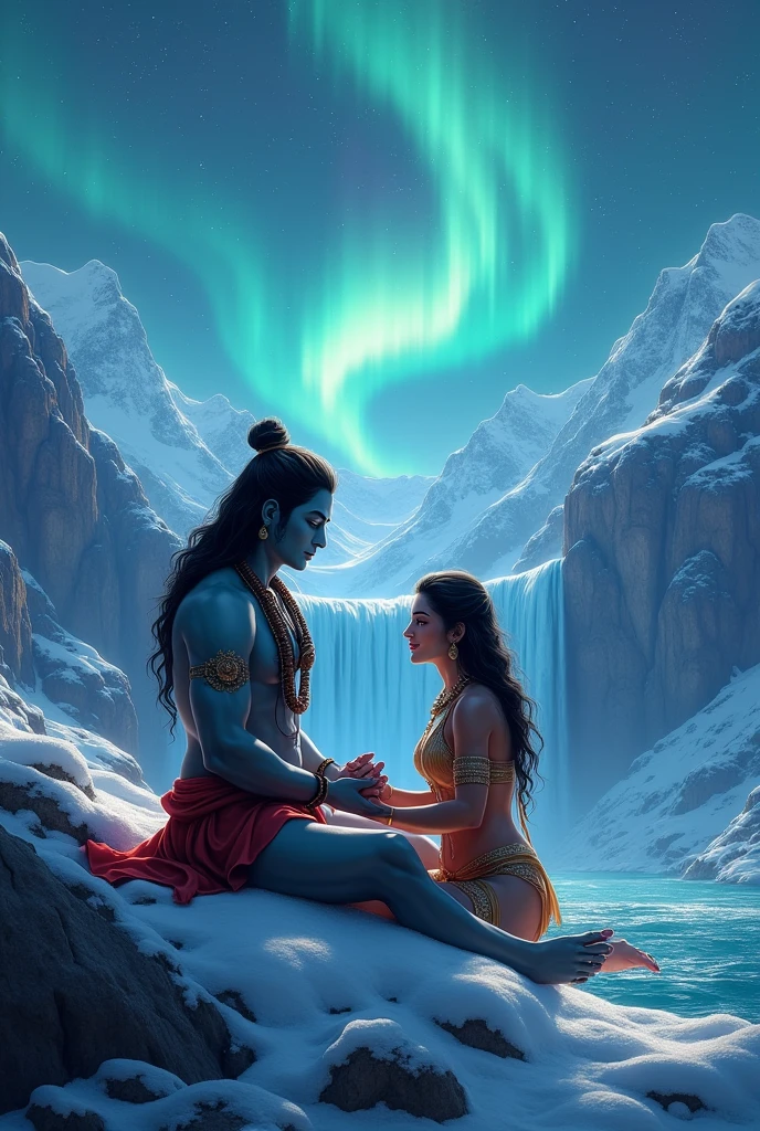 Generate a picture of mahadev and parvati sitting and holding hands on a snowy mountain under starry northen lights with a blue waterfall besides. Create it in a 9:16 aspect ratio.