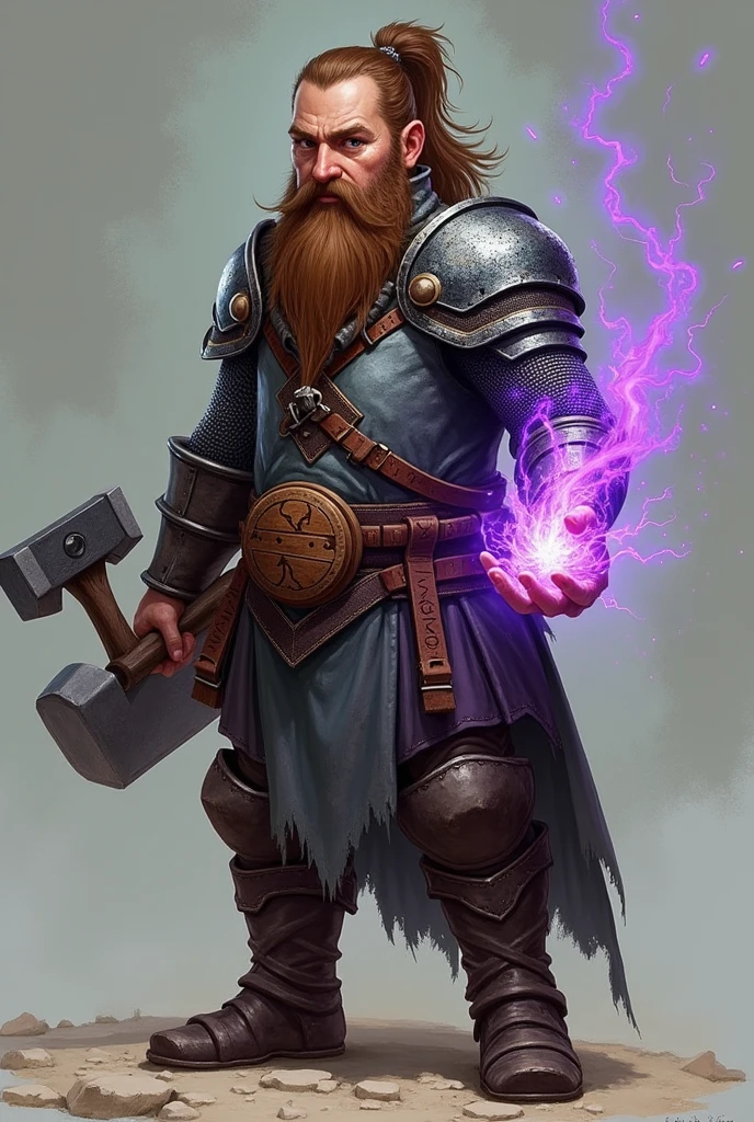 a white dwarf man with a long brown beard, and with a ponytail wearing chain mail, with a war hammer on his back, a small necklace with a wooden plaque with blood radiating a purple energy, while his hands are glowing with a clear healing magic and in the other hand with a purple magic, He has 1,40 m tall and weighs 75 kg