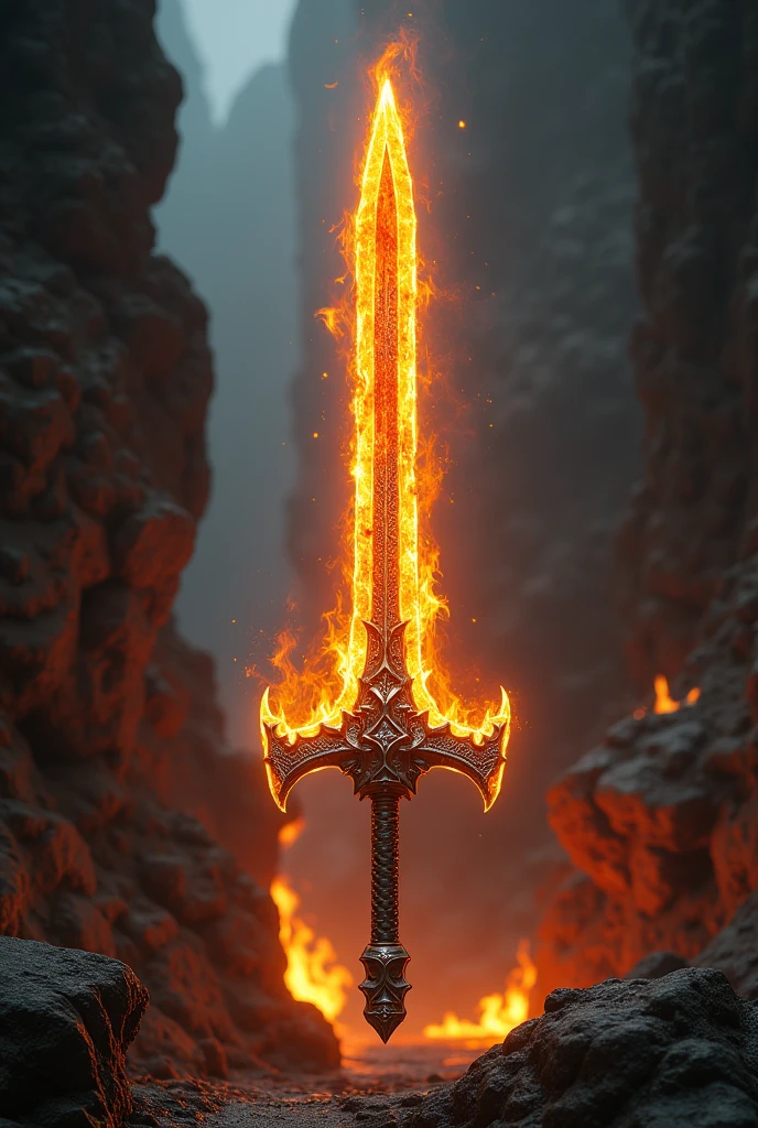 double-bladed fire sword with flaming blade and dragon scale handle