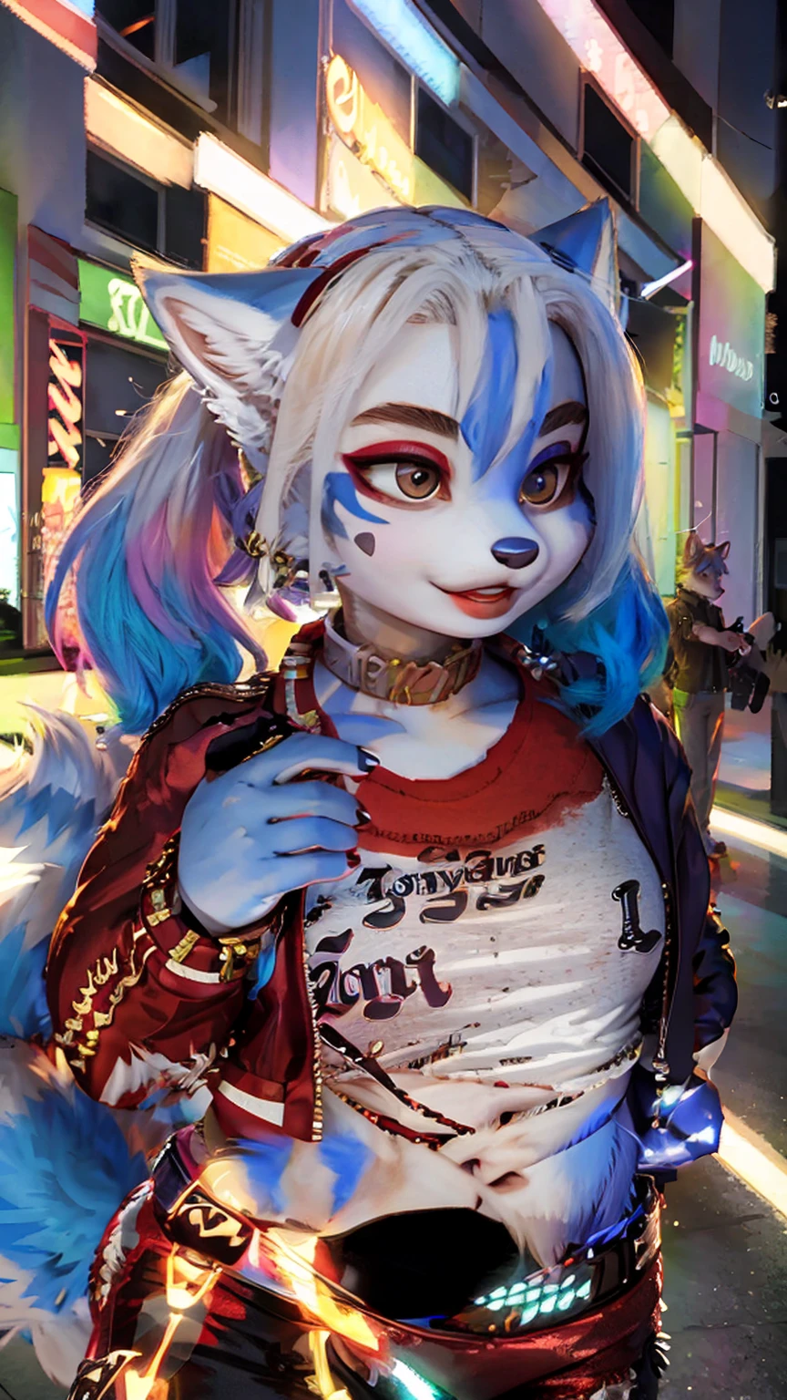 A beautiful and detailed (cute portrait) wa ((krystal)), Star Fox krystal, sslim, lovable, green eyes, medium breasts, (((Long blue hair 1.3))), Decollete, anthro, furry, Uploaded E621, detailed fluffy fur, (wa Fluff-Kevlar, Bayard Wu, Pino Daeni), detailed face, (fluffy), 1 girl, alone, sweet girl, hole body, ((( torn t-shirt))), hotpants, leather jacket,