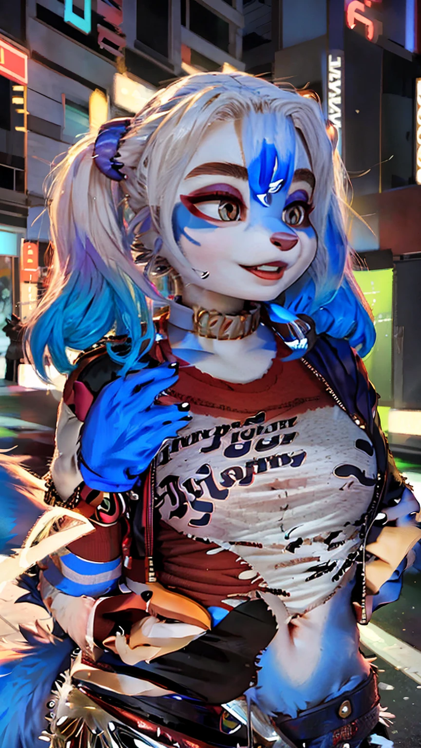 A beautiful and detailed (cute portrait) wa ((krystal)), Star Fox krystal, sslim, lovable, green eyes, medium breasts, (((Long blue hair 1.3))), Decollete, anthro, furry, Uploaded E621, detailed fluffy fur, (wa Fluff-Kevlar, Bayard Wu, Pino Daeni), detailed face, (fluffy), 1 girl, alone, sweet girl, hole body, ((( torn t-shirt))), hotpants, leather jacket,