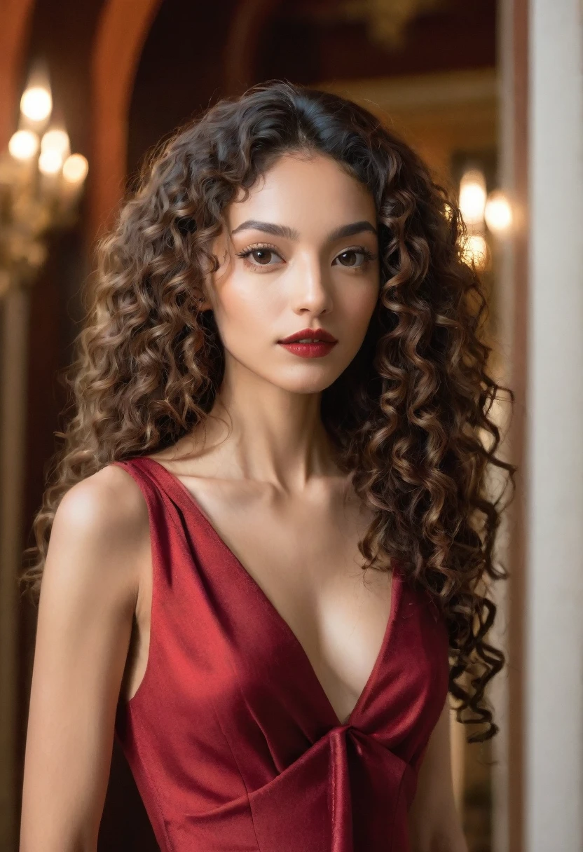 Skinny collar bones protruding perfect face ethnic woman with curly long hair in a red dress standing in a mansion rich aesthetic