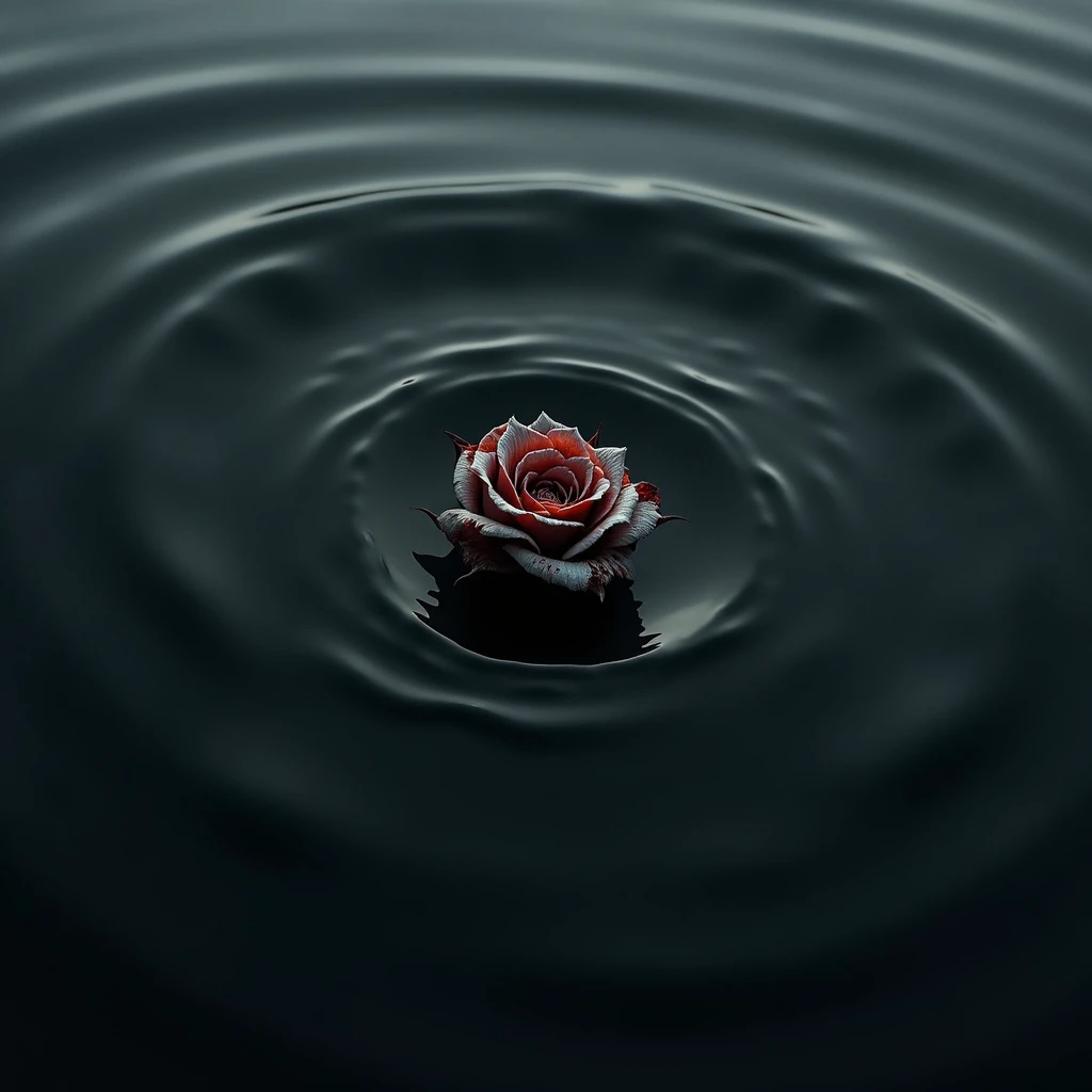 a burnt withering rosebud sinking into the ocean, top down, close up, black and white