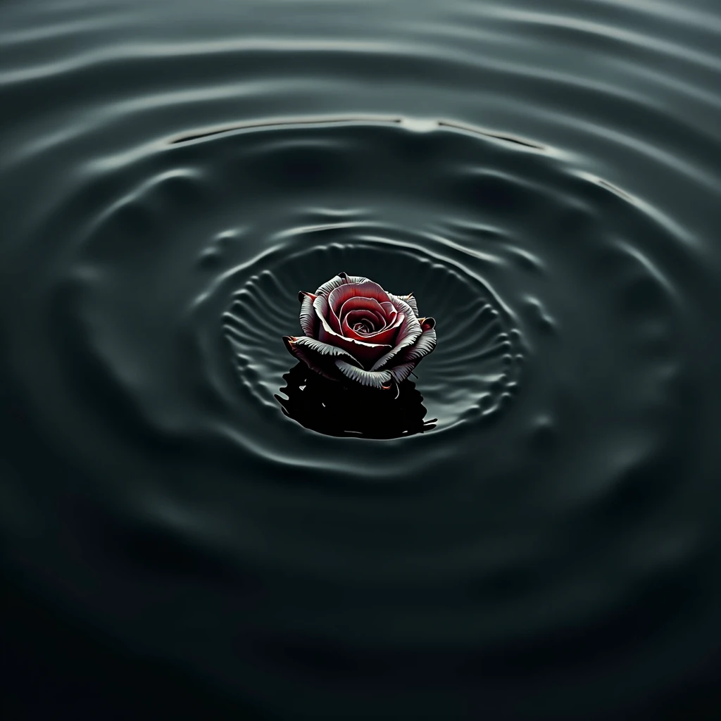 a burnt withering rosebud sinking into the ocean, top down, close up, black and white