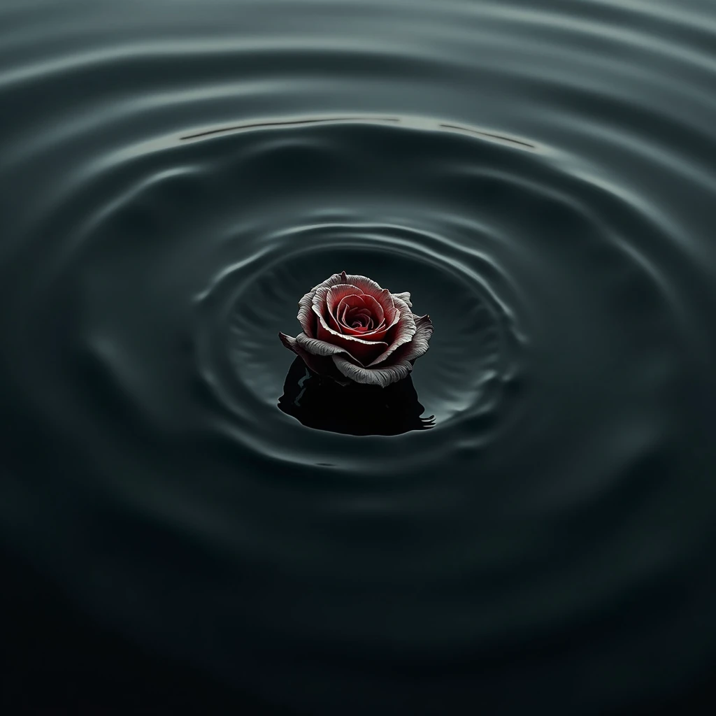 a burnt withering rosebud sinking into the ocean, top down, close up, black and white