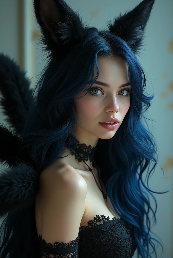 photo d'une jeune femme de 20 ans, European fair skin her long wavy blue black hair cascading over her shoulders with two black fox ears surrounding a sweet playful face with navy blue eyes full of mischief little fangs protruding from her lips smiling she wears sexy black lace clothing. several large black fox tails protrude from his back