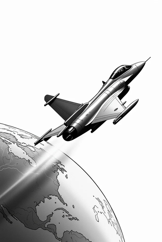 dessine seulement avec des traits noir et blanc. Un avion rafale qui fait le tour de la terre