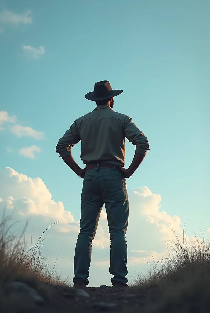 Man with hat from behind with hands on waist looking at the sky