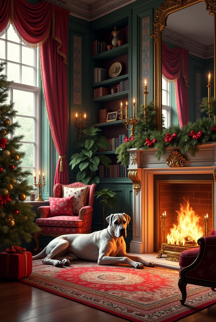  Ictorian parlour, marble fireplace plants in pots, candles heavy drapes with pelmets book cases persian rugs velvet and brocade sofas and chairs dog lying by the fire colourful cushions